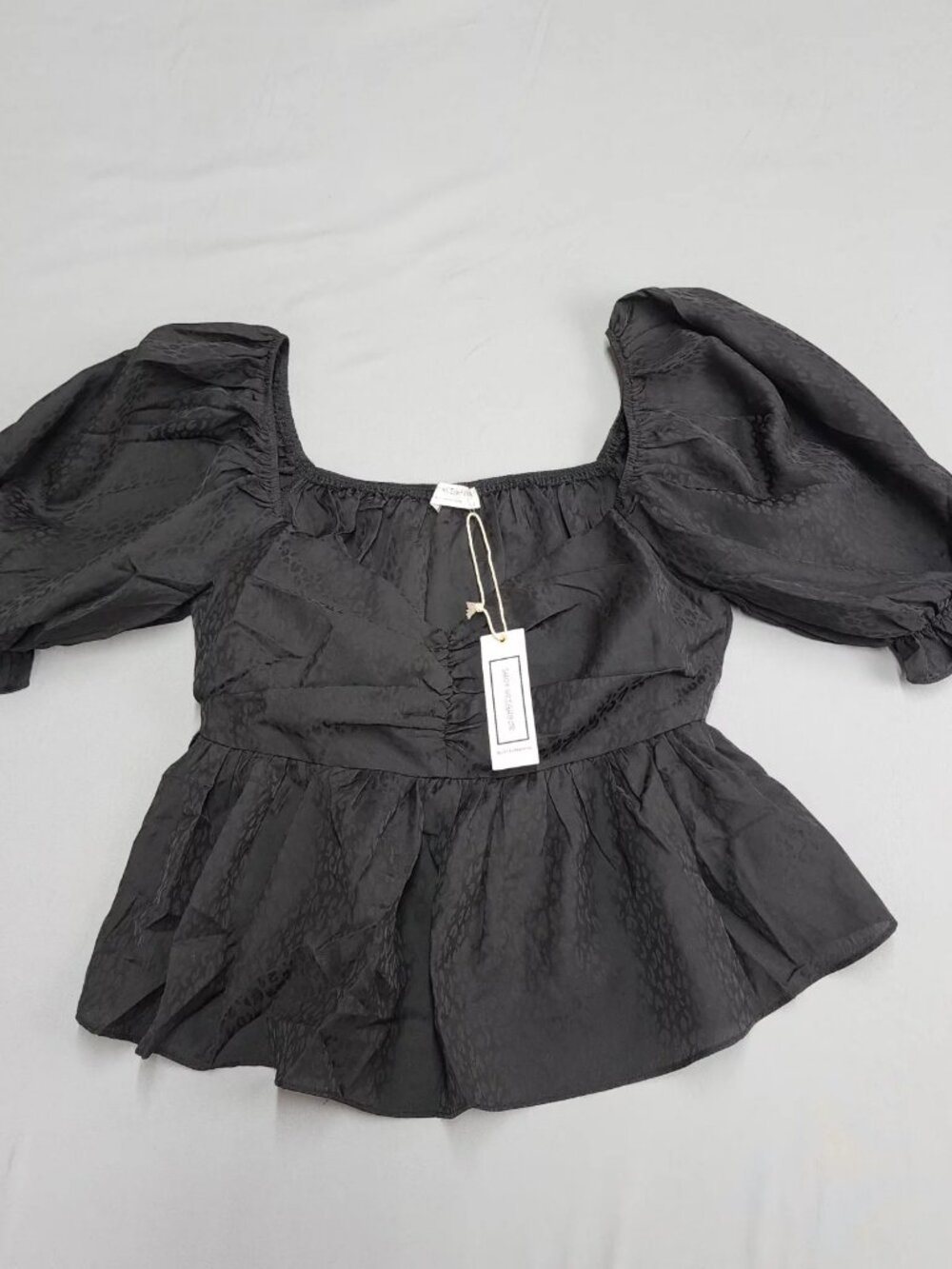 Shop Neighbor By In the Beginning L Black Peplum Blouse Ruched Puff Sleeve